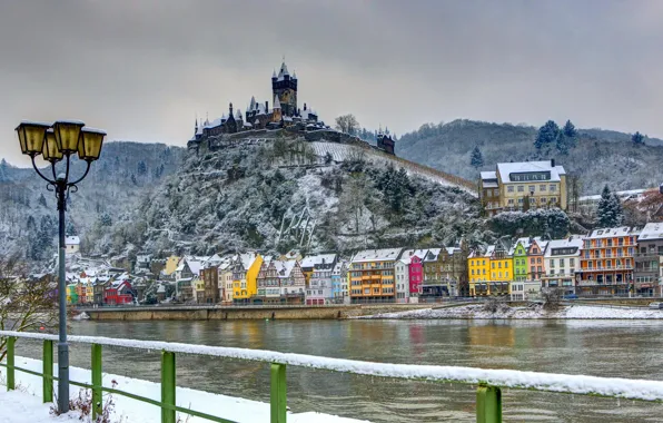 Picture winter, snow, river, castle, home, Germany, lights, fortress, Burg, Cochem