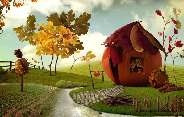 Picture autumn, leaves, landscape, berries, bright, field, fence, village, art, track, pumpkin, house, art, green, village, …