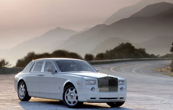 Picture road, the sun, mountains, nature, Phantom, white, Rolls Royce