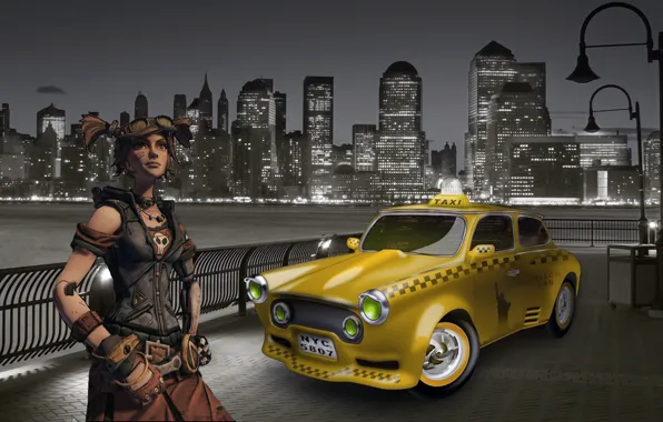Picture girl, the city, lights, taxi, character, borderlands, Nut.