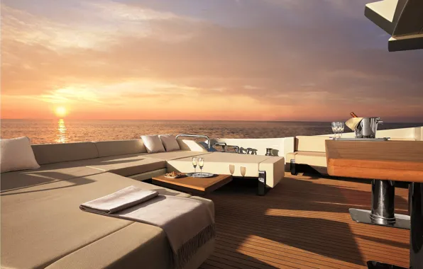 Picture sunset, the ocean, the evening, yacht, deck, champagne, sofas