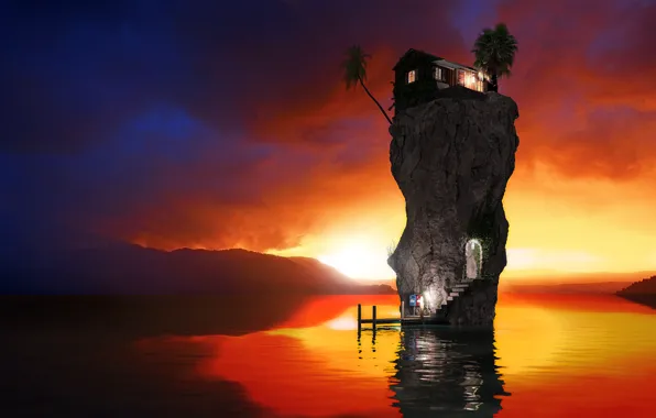 Picture rock, house, the ocean, the evening, render