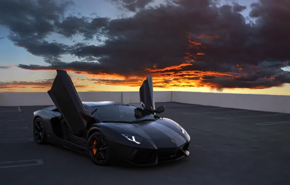 Picture clouds, Lamborghini, supercar, Aventador, on the roof, Lamborghini Aventador, sports car