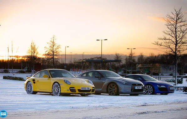 Picture winter, the sky, snow, sunset, audi, 911, nissan, porsche, gt-r, top gear, the front, supercars, …