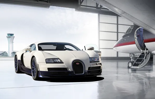 Picture the plane, garage, Bugatti, hangar, Veyron, Bugatti, Super Sport, garage, plane, hangar, Veyron, super sport