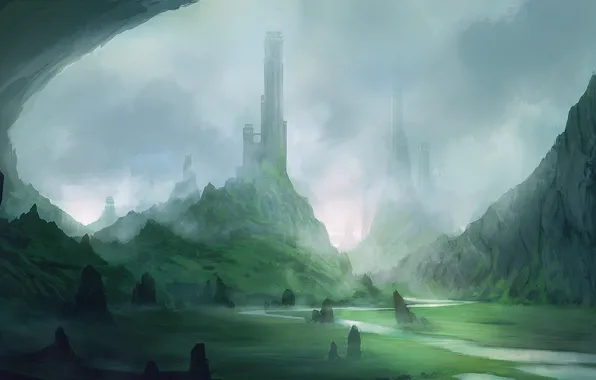Picture landscape, fog, river, stones, art, tower, gorge, blinck