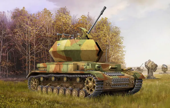 Picture war, art, painting, tank, ww2, flak, Ostwind Flakpanzer