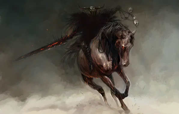 Picture darkness, background, fire, horse, sword, skull, helmet, Horseman of the Apocalypse