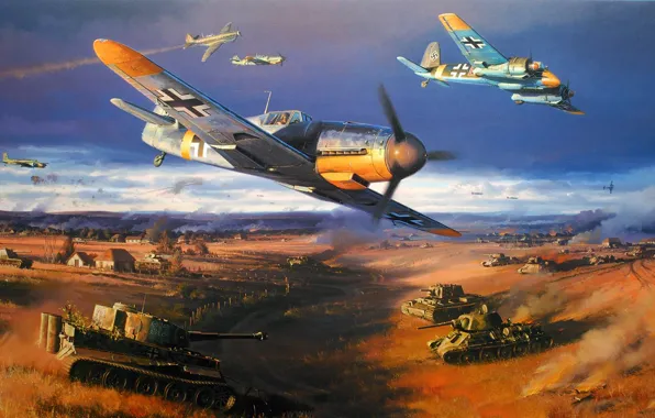 Picture tiger, war, figure, art, fighters, tank, USSR, aircraft, t-34, dogfight, bf-109, kV-1, nicolas trudgian, The …