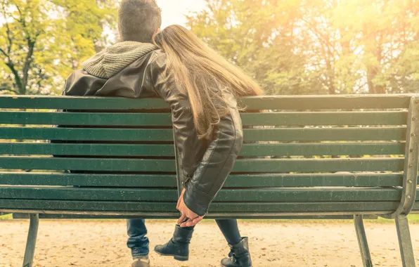 Picture girl, bench, Park, guy, date, Romance