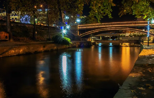 Picture light, night, bridge, river, Trikala