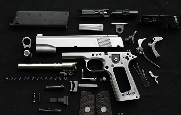 Picture pistol, screws, springs, disassembled metal parts