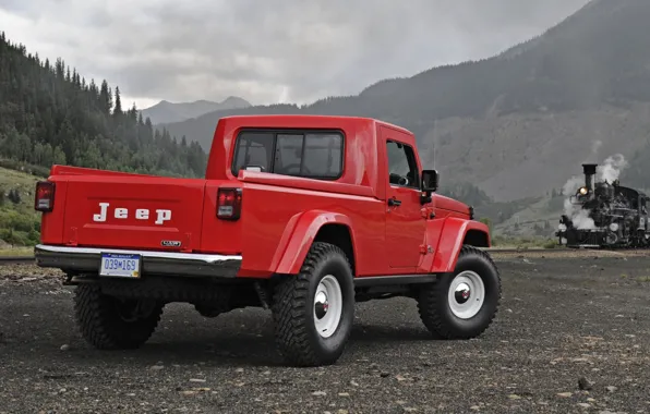 Picture Concept, the sky, red, The concept, Jeep, rear view, pickup, Jeep, J-12, paravoz.mountains