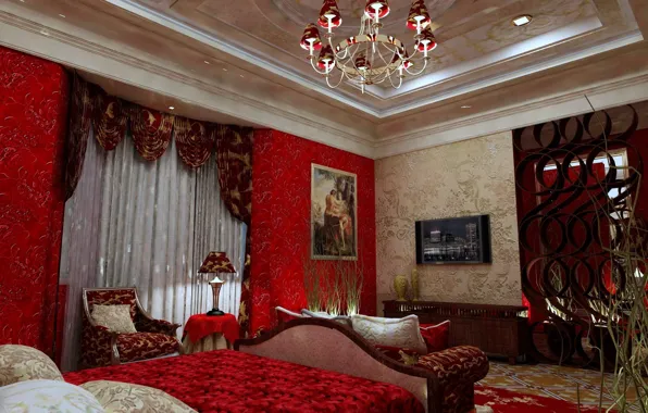 Picture bed, picture, chair, TV, chandelier, curtains, bedroom, interior, lamp.