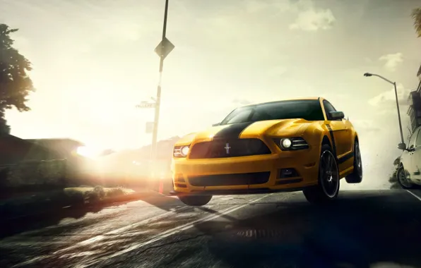 Picture Mustang, Ford, Muscle, Car, Speed, Front, Sun, Street, San Francisco, Yellow, 302, Boss, Jump