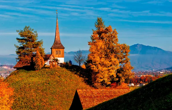 Picture autumn, trees, mountains, home, Switzerland, valley