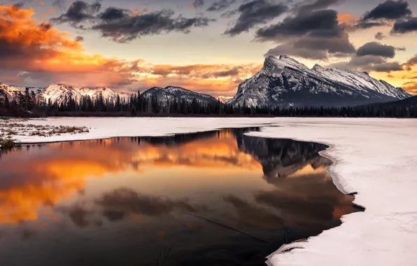 Picture winter, snow, landscape, sunset, mountains, nature, lake, reflection