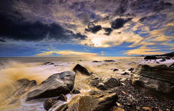 Picture sea, wave, clouds, sunset, squirt, stones, shore