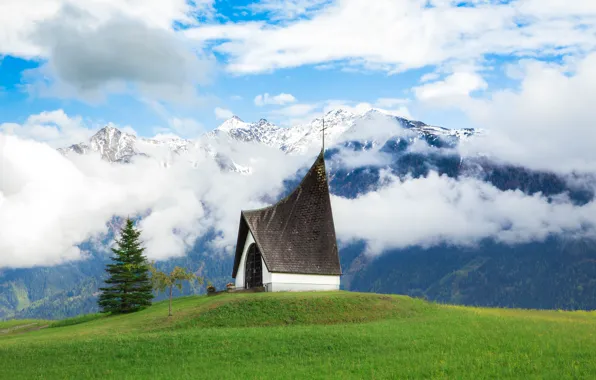 Picture the sky, clouds, snow, landscape, mountains, nature, spruce, Austria, Alps, Church, chapel
