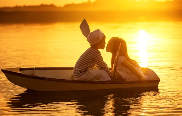 Picture sunset, children, river, romance, boat, kiss, friends, river, sunset, kiss, friends, boat, children