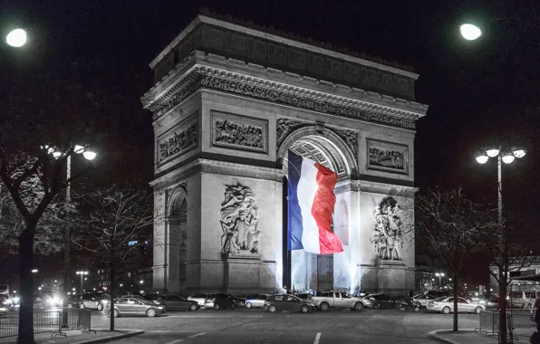 Picture night, lights, France, Paris, flag, arch