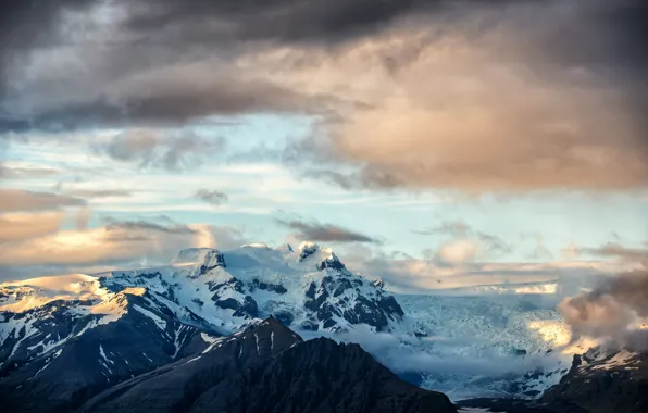 Picture clouds, snow, sunset, mountains, storm, contrast