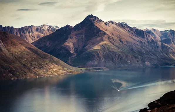 Picture mountains, nature, river, ship, Queenstown, new zealand, Lake Wakatipu