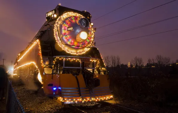 Picture night, lights, new year, backlight, locomotive