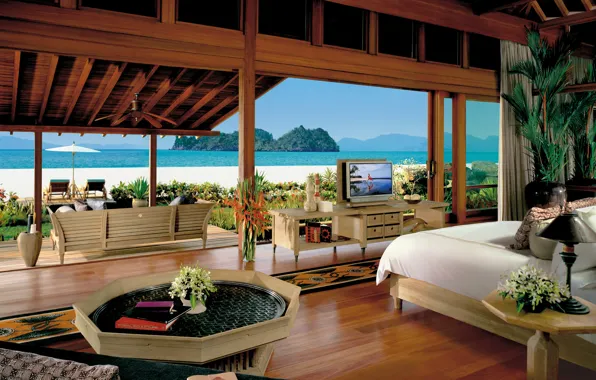 Picture sea, landscape, sofa, Villa, books, bed, TV, table, bedroom, villa, island., malaysia