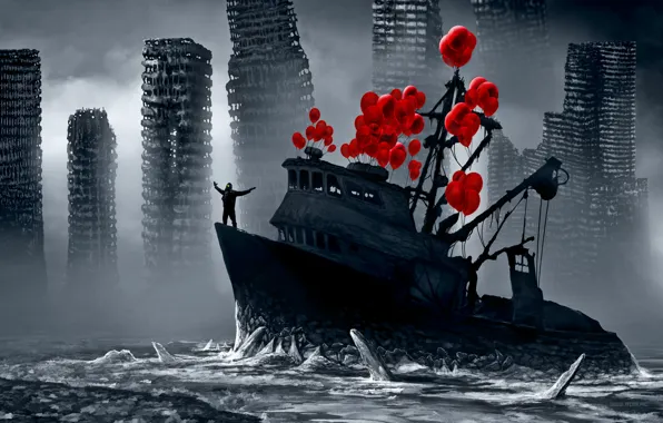 Picture balloons, ship, ice, romance of the Apocalypse, romantically apocalyptic, flying fortress