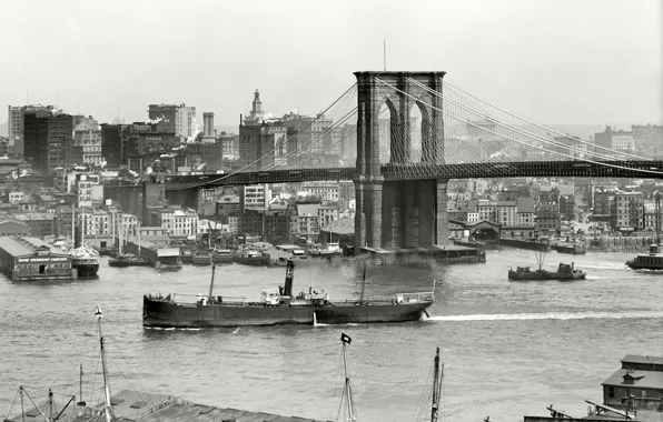Picture bridge, retro, river, ship, New York, panorama, USA, 1908-the year