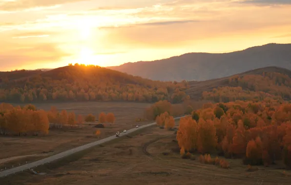 Picture road, autumn, landscape, sunset, mountains