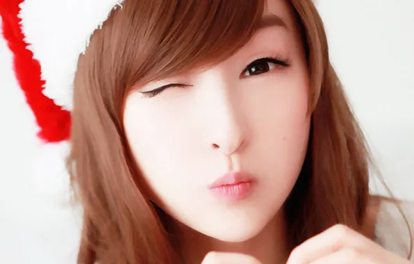 Picture christmas, brown eyes, lips, asian, cute, red head, Lin Ketong, blowing kisses, wink