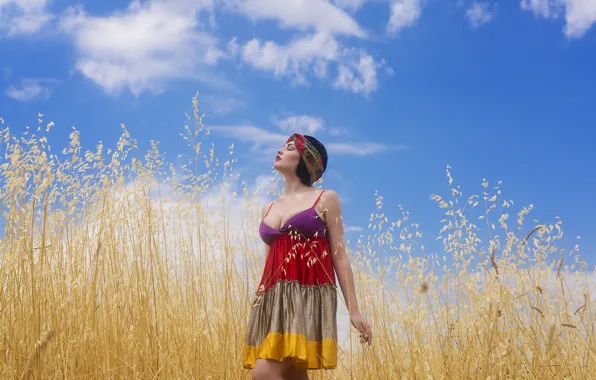 Picture summer, the sky, girl, face, dress, walk
