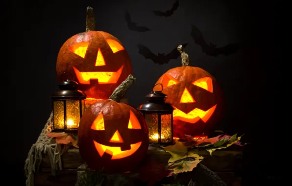 Picture autumn, leaves, night, candles, lantern, Halloween, pumpkin, Halloween, bats, smile, face, holiday, pumpkin