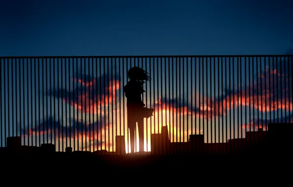 Picture the sky, girl, the sun, clouds, sunset, the fence, home, anime, silhouette, art, kibunya 39