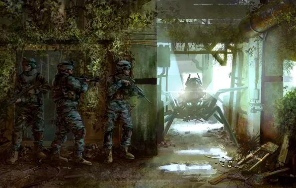 Picture weapons, room, thickets, the building, robot, art, ambush, soldiers, equipment, the room, special forces