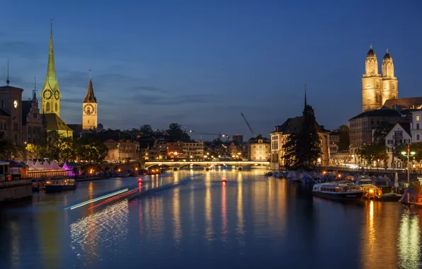 Picture night, bridge, lights, river, watch, home, Switzerland, lights, tower, boats, piers, Zurich