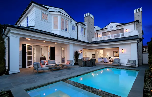Picture design, lights, house, Villa, interior, the evening, pool, USA, Newport Beach