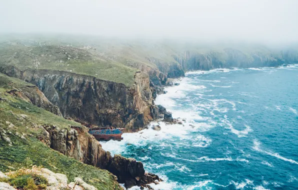 Picture waves, sea, fog, England, ship, Cornwall, mist, cliffs, shipwreck