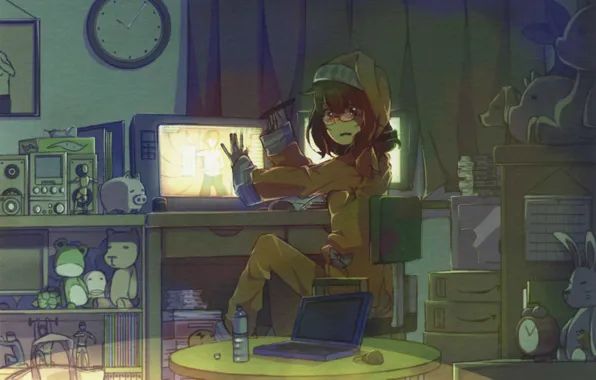 Picture table, fright, room, toys, watch, glasses, girl, laptop, monitor, pajamas