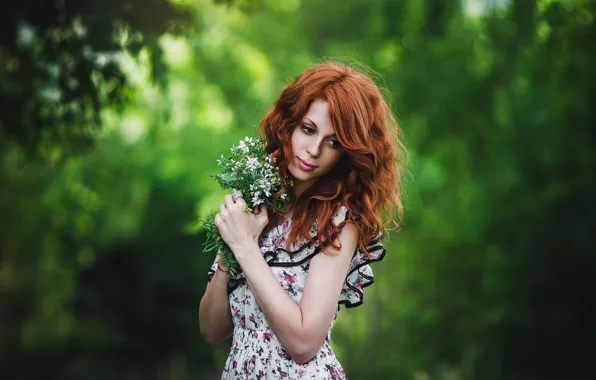Picture greens, forest, girl, flowers, nature, mood, bouquet, dress, red, is, thought, bokeh