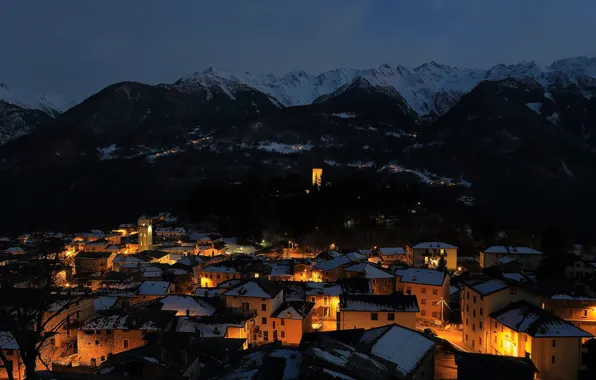 Picture lights, Italy, night, winter, Alps, Lombardy, Teglio, Sondrio