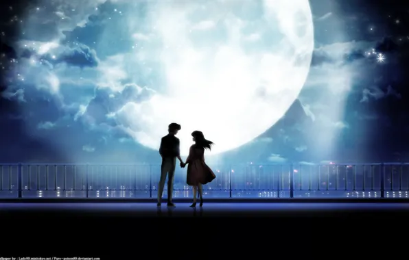 Picture girl, night, the city, the moon, pair, guy, maison ikkoku, takahashi rumiko