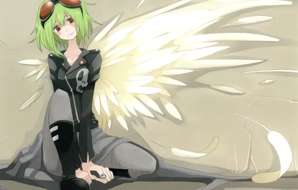 Picture wings, feathers, glasses, jacket, vocaloid, green hair, art, rubber megpoid, tansuke