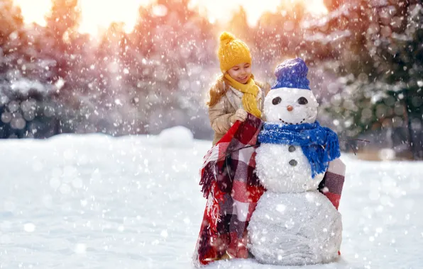 Picture winter, hat, child, scarf, girl, snowman, girl, plaid, Winter, snowman