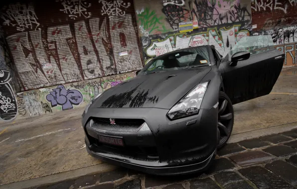 Picture graffiti, wet, Nissan, GT-R, Black, the front
