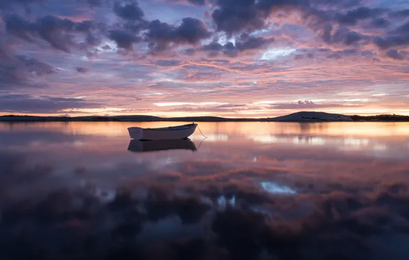 Picture the sky, clouds, sunset, reflection, shore, boat, the evening, New Zealand, Bay, harbour