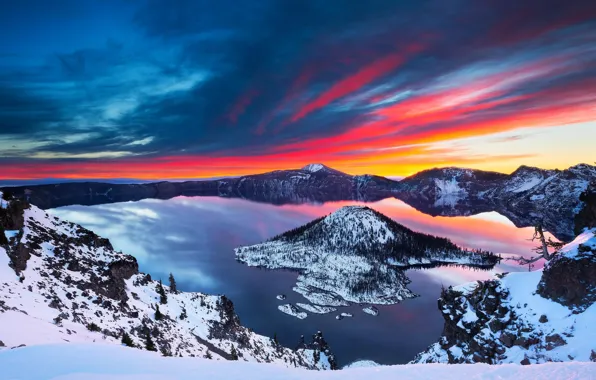 Picture winter, snow, landscape, lake, Sunrise, Crater Lake