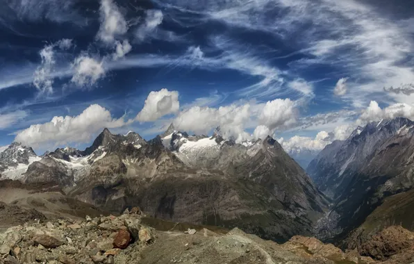 Picture the sky, clouds, mountains, stones, Switzerland, Zermatt